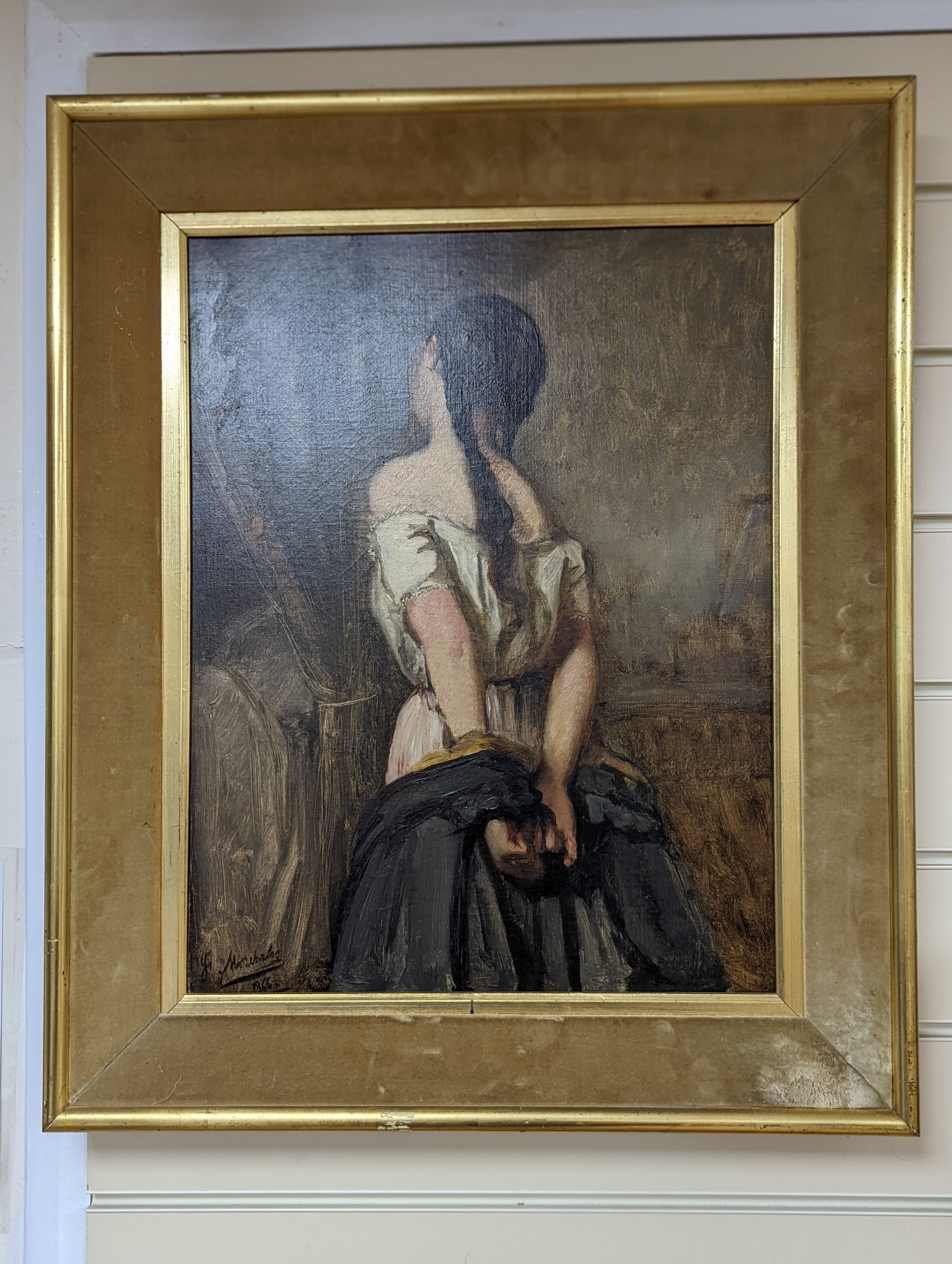 J.F. Marchales (19th C. French), oil on canvas, Study of a woman undressing, signed and dated 1866, 45 x 34cm